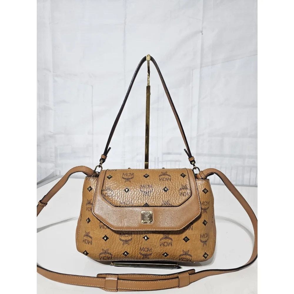 MCM Visetos Studded Crossbody Flap Messenger Cognac